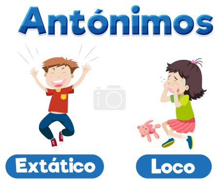 Téléchargez les illustrations : Cartes de mots illustrées en espagnol pour enseigner les antonymes signifie heureux et triste - en licence libre de droit