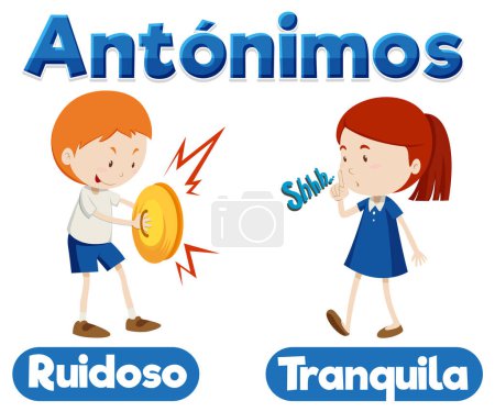 Illustration for Illustrated card depicting antonyms in Spanish language loud and quiet - Royalty Free Image