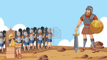 Illustration eines Königs, der auf einem Thron sitzt, umgeben von einer großen Armee, die die religiöse Bibelgeschichte von David und Goliath darstellt