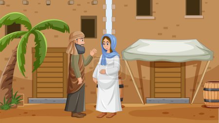 Illustration for Virgin Mary, Joseph, and the Nativity story depicted in a cartoon illustration - Royalty Free Image