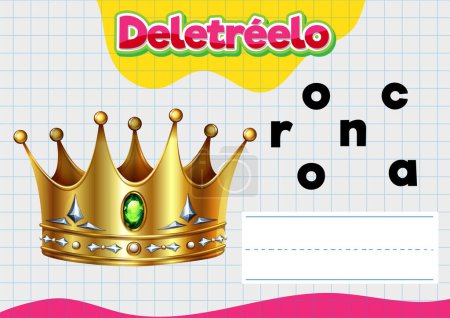 Illustration for A fun educational worksheet in Spanish for children to practice spelling, featuring a crown - Royalty Free Image