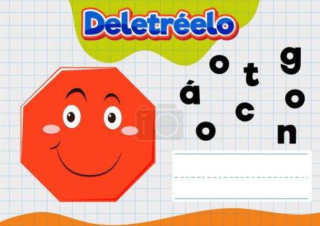 Illustration for A vector cartoon illustration of a hexagon-shaped spelling worksheet for children learning Spanish - Royalty Free Image
