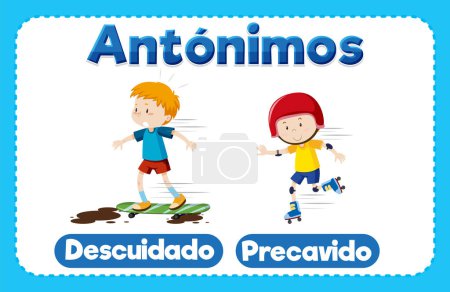 Téléchargez les illustrations : Cartes de mots illustrées en espagnol pour 'Descuidado' et 'Precavido' signifiant 'Careless' et 'Careful' - en licence libre de droit
