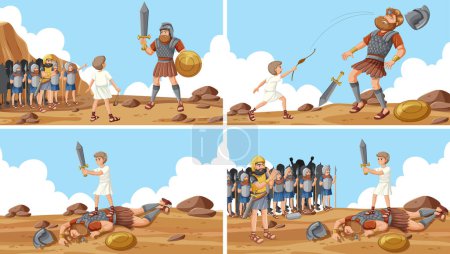 David defeats Goliath using a stone and sword