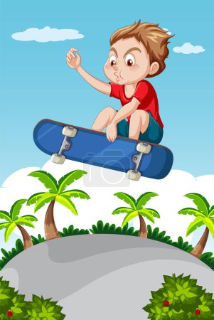 Illustration for A male youth playing skateboard at a vibrant, fisheye-lens skate park - Royalty Free Image