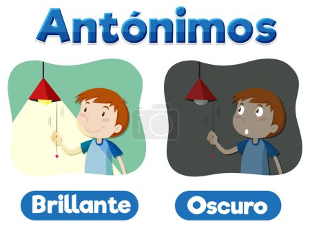 Illustration for A vector cartoon illustration of Spanish word cards for 'Brillante' and 'Oscuro' representing the antonyms 'Bright' and 'Dark' in education - Royalty Free Image