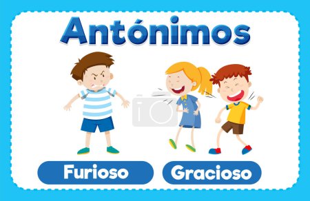 Téléchargez les illustrations : Cartes de mots illustrées en espagnol pour apprendre les antonymes - en licence libre de droit