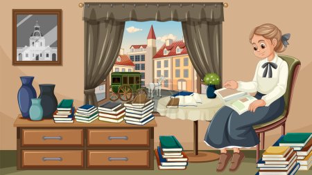 Illustration for Marie Curie, a woman cartoon character, studying in a living room surrounded by numerous books on the shelf - Royalty Free Image