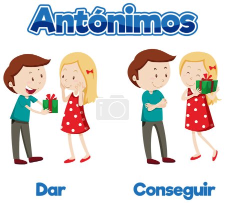 Illustration for Illustrated card featuring antonyms in Spanish for education - Royalty Free Image