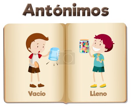 Illustration for Illustrated word card featuring antonyms Vacio and Lleno means empty and full - Royalty Free Image