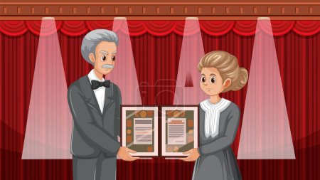 Marie Curie, depicted in a vector cartoon style, is awarded the Nobel Prize under a limelight curtain on stage