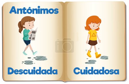 Ilustración de Tarjetas de palabras ilustradas en español para 'Cuidadosa' y 'Destoca' que representan cuidadosa y descuidadamente - Imagen libre de derechos
