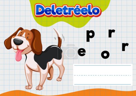 Téléchargez les illustrations : Photo éducative avec une feuille de calcul orthographique en espagnol pour enfants avec un chien - en licence libre de droit