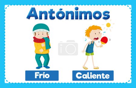 Illustration for Illustrated word card with antonyms Frio and Caliente in Spanish means cold and hot - Royalty Free Image