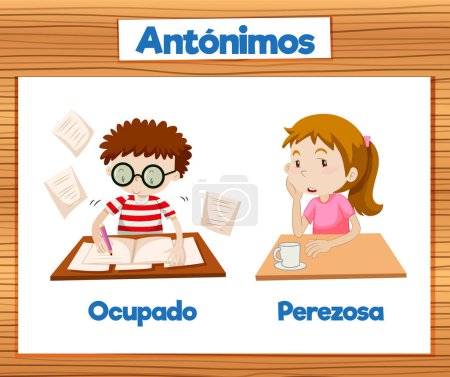 Photo for A vector cartoon illustration depicting the antonyms 'Ocupado' and 'Perezosa' in Spanish language education Busy and Lazy - Royalty Free Image