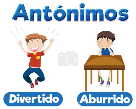 Téléchargez les illustrations : Cartes illustrées en espagnol représentant les antonymes 'Divertido' (Fun) et 'Aburrido' (Bored) - en licence libre de droit