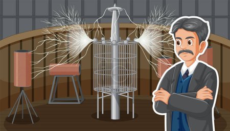 Illustration for An illustrated depiction of Nikola Tesla's magnifying transmitter experiment - Royalty Free Image