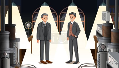 Illustration for A scene depicting Nikola Tesla working alongside Thomas Edison - Royalty Free Image