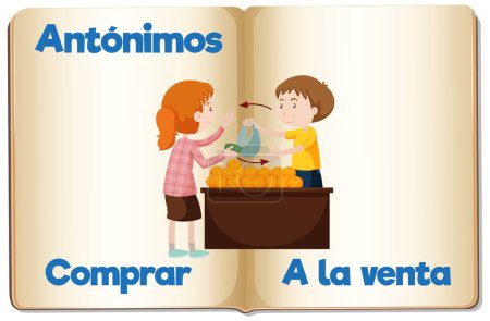Illustration for Vector cartoon illustration of Spanish language antonyms for education buy and sale - Royalty Free Image