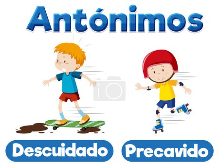 Illustration for Illustrated word cards depicting the antonyms 'Descuidado' and 'Precavido' in Spanish Careless and Careful - Royalty Free Image