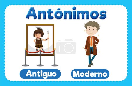 Téléchargez les illustrations : Carte illustrée représentant les antonymes 'Antiguo' et 'Moderno' en espagnol Ancien et Moderne - en licence libre de droit