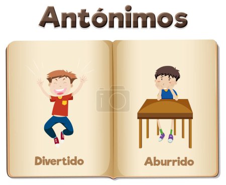 Téléchargez les illustrations : Cartes illustrées en espagnol représentant le plaisir et l'ennui à des fins éducatives Fun and Bored - en licence libre de droit