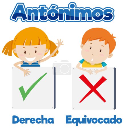 Illustration for An illustrated card depicting the Spanish words for 'right' and 'wrong' in education - Royalty Free Image