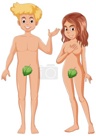 Ilustración de Ilustración de Adán y Eva, los personajes bíblicos, en un estilo de dibujos animados - Imagen libre de derechos