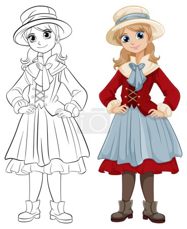 Illustration for A cartoon illustration of a woman wearing a bowler hat and vintage outfit - Royalty Free Image