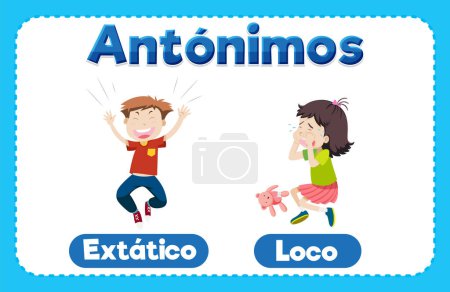 Téléchargez les illustrations : Cartes de mots illustrées en espagnol pour des émotions heureuses et tristes - en licence libre de droit