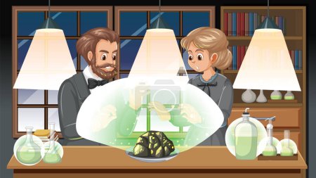 Illustration for An adorable vector cartoon illustration of Marie Curie and her husband Pierre Curie - Royalty Free Image