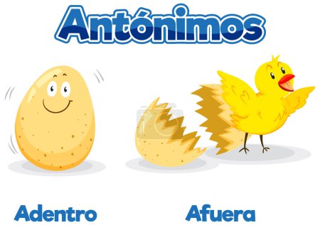 Illustration for A vector cartoon illustration depicting the antonyms 'Andentro' and 'Afuera' in Spanish language education - Royalty Free Image