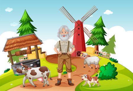 Téléchargez les illustrations : Illustration d'un agriculteur âgé s'occupant de sa ferme avec grange, moulin à vent et divers animaux - en licence libre de droit