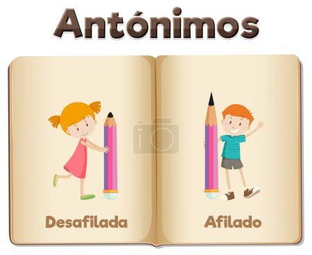 Illustration for Illustrated card in Spanish depicting the antonyms 'sharp' and 'blunt' for educational purposes - Royalty Free Image