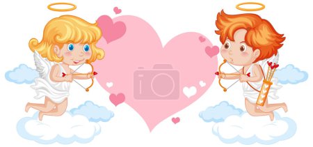 Téléchargez les illustrations : Une charmante illustration vectorielle de deux anges tenant une flèche de coeur avec une bannière de coeur vide - en licence libre de droit