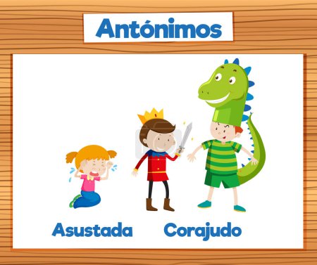 Illustration for Illustrated picture word card in Spanish language depicting the antonyms 'afraid' and 'brave' - Royalty Free Image