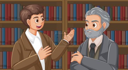 Illustration for A young man engages in a meaningful discussion with an elderly gentleman amidst books - Royalty Free Image