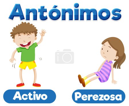 Illustration for Colorful vector illustration of antonyms Activo and Perezosa in Spanish means active and lazy - Royalty Free Image