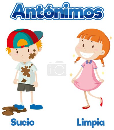 Illustration for A vector cartoon illustration of antonyms in Spanish means dirty and clean - Royalty Free Image