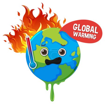 Téléchargez les illustrations : Illustration illustrant l'impact du réchauffement climatique avec une Terre brûlante sur un thermomètre de haut niveau - en licence libre de droit