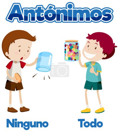 Illustration for Illustrated word cards depicting the antonyms Ninguno (none) and Todo (all) in Spanish means none and full - Royalty Free Image