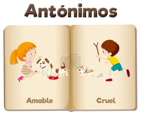 Illustration for Illustrated word cards in Spanish for teaching antonyms means Kind and Cruel - Royalty Free Image
