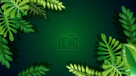 Téléchargez les illustrations : Illustration vectorielle de plantes tropicales vertes luxuriantes formant une bordure sur un fond - en licence libre de droit