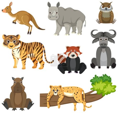 Téléchargez les illustrations : Un groupe d'animaux sauvages représenté dans une illustration de dessin animé simple - en licence libre de droit