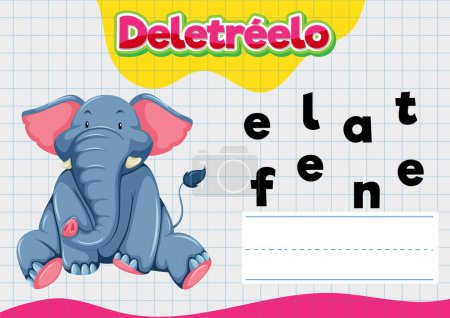 Téléchargez les illustrations : Photo éducative d'une feuille de calcul orthographique en espagnol avec un éléphant - en licence libre de droit