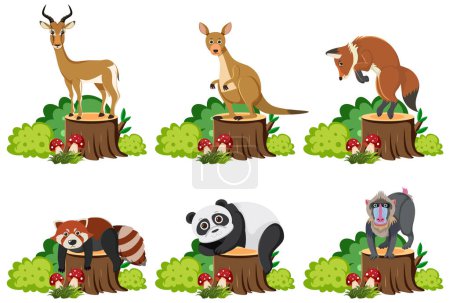 Téléchargez les illustrations : Illustration vectorielle de dessins animés d'animaux assis sur un tronc d'arbre entouré de buisson - en licence libre de droit