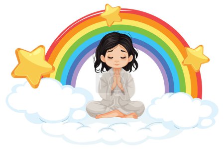 Ilustración de Chica religiosa medita pacíficamente en un cielo de arco iris - Imagen libre de derechos