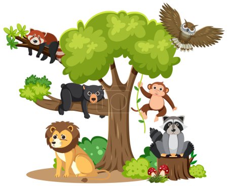 Ilustración de Dibujos animados ilustración de diversos animales salvajes felizmente viviendo juntos - Imagen libre de derechos