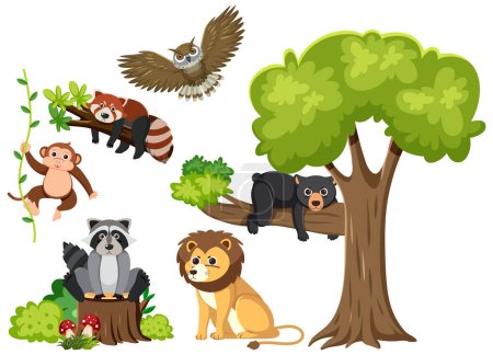 Téléchargez les illustrations : Illustration vectorielle de dessins animés de divers animaux sauvages entourés d'un arbre - en licence libre de droit