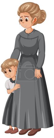 Illustration for A poignant illustration of a mother and daughter in historical clothing - Royalty Free Image